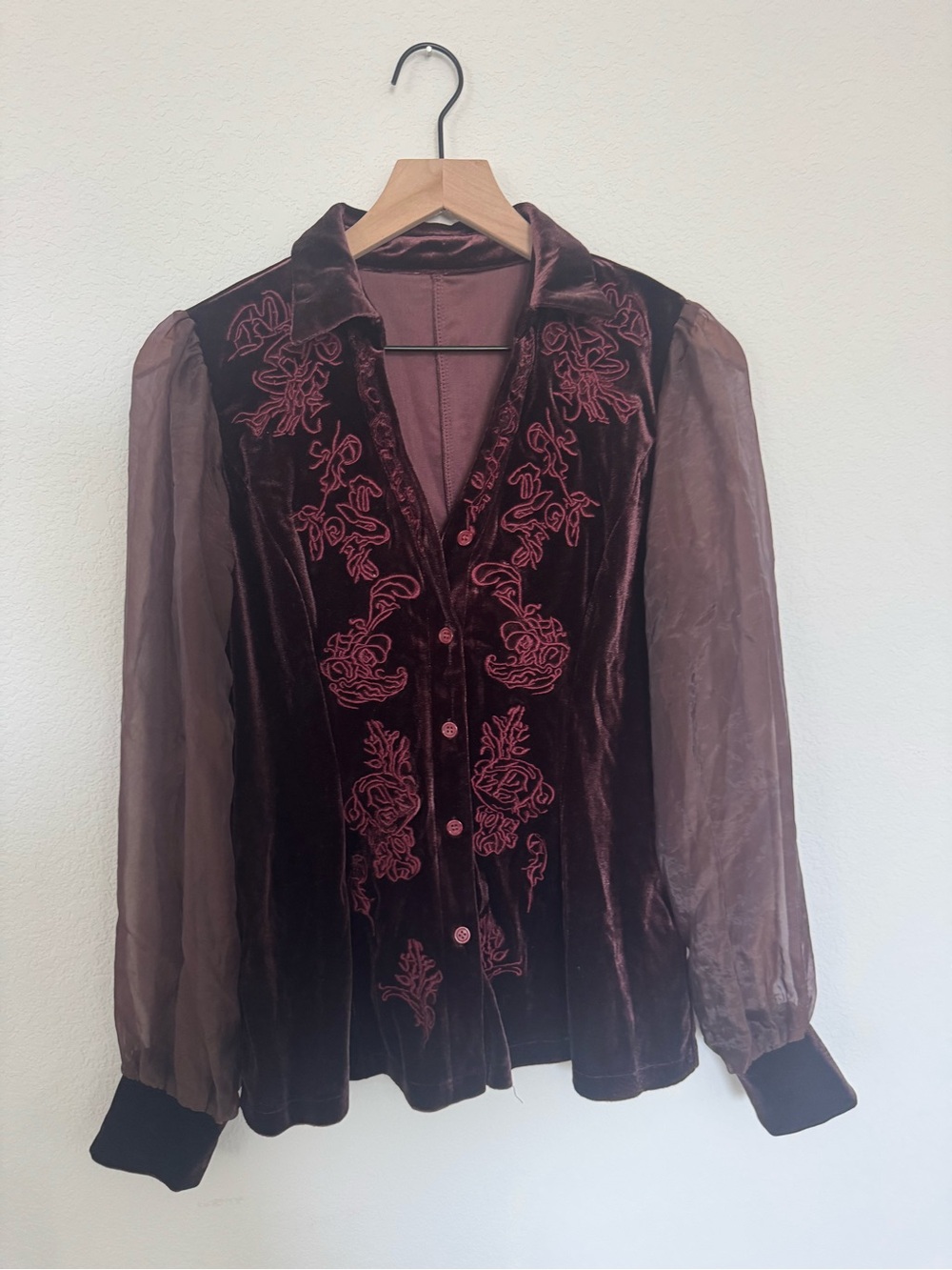 Velvet Burnout Embroidered Button-Front Blouse in Deep Burgundy Dark Romantic